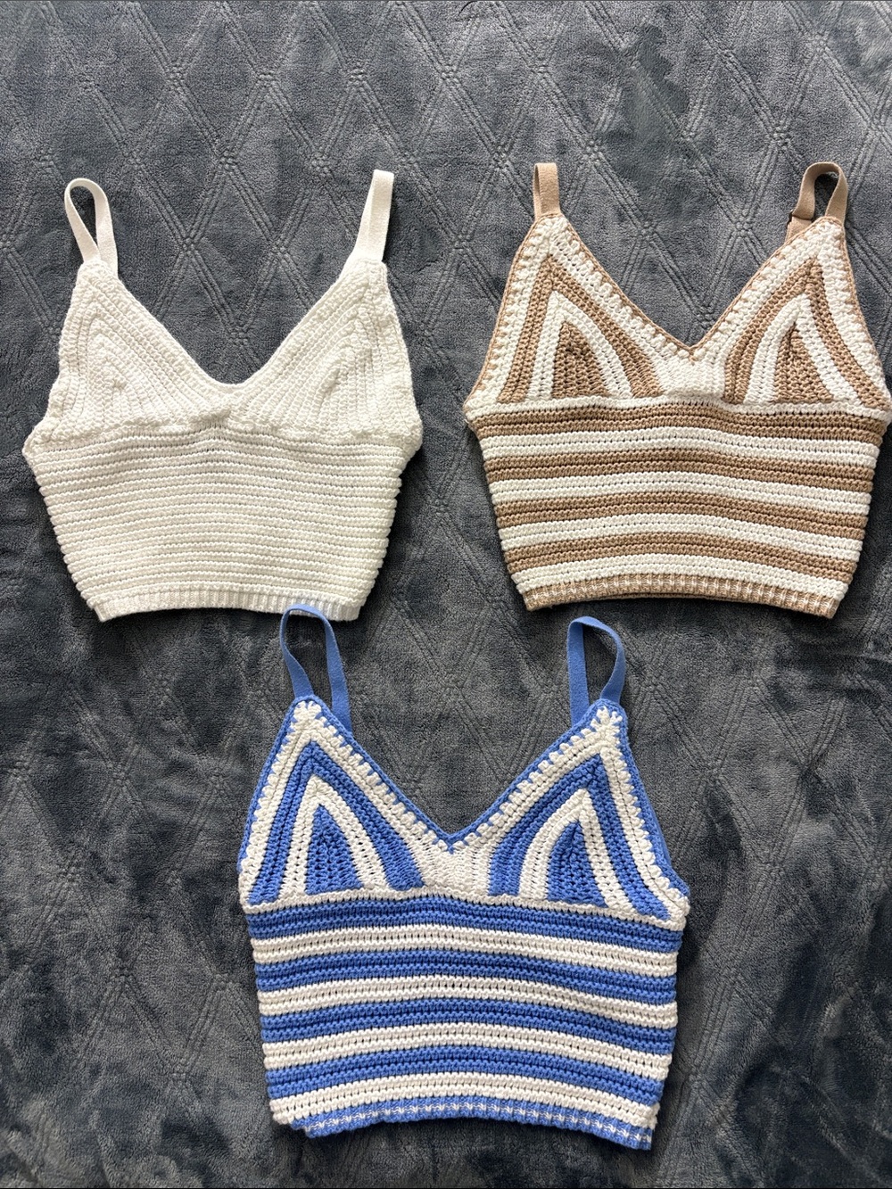 Hollister Striped Crochet Camis Lot — White, Tan & Blue